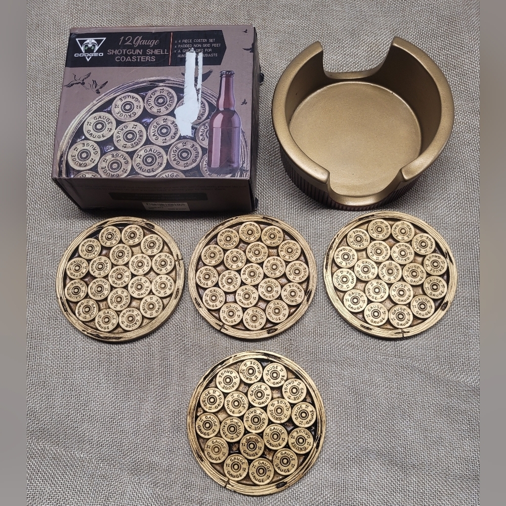 12 Gauge Shotgun Shell Coaster Set - Gold Tone (4 Coasters + Holder) Coogeo